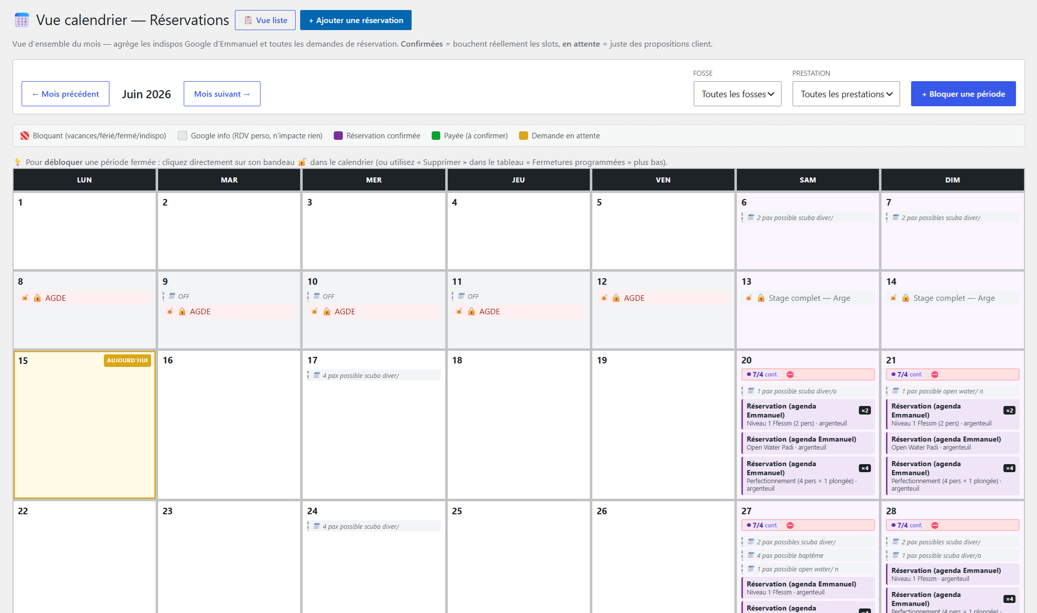Aquabobble — Calendrier de disponibilités et capacité automatique