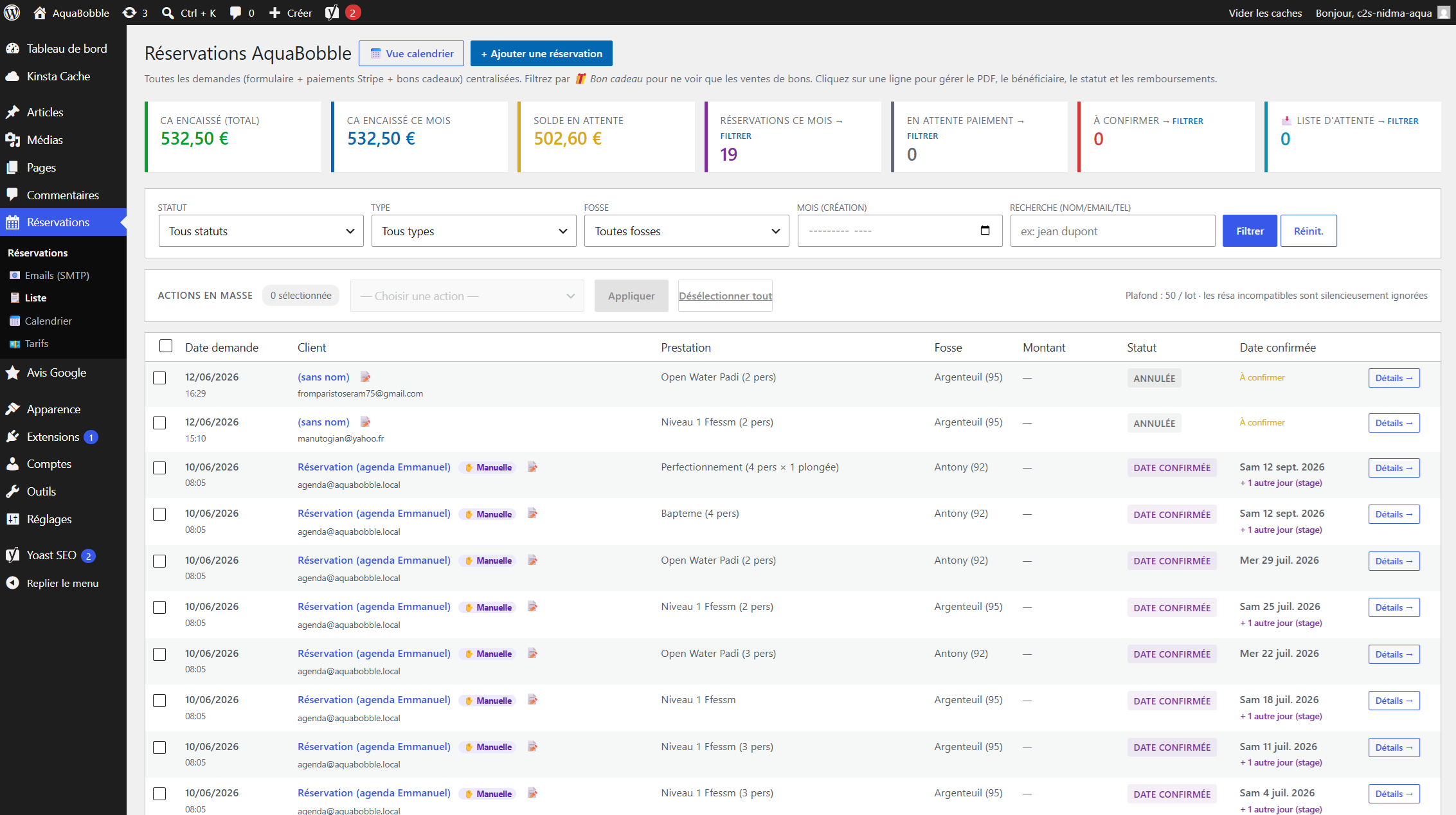 Aquabobble — Back-office des réservations : liste, statuts et recherche