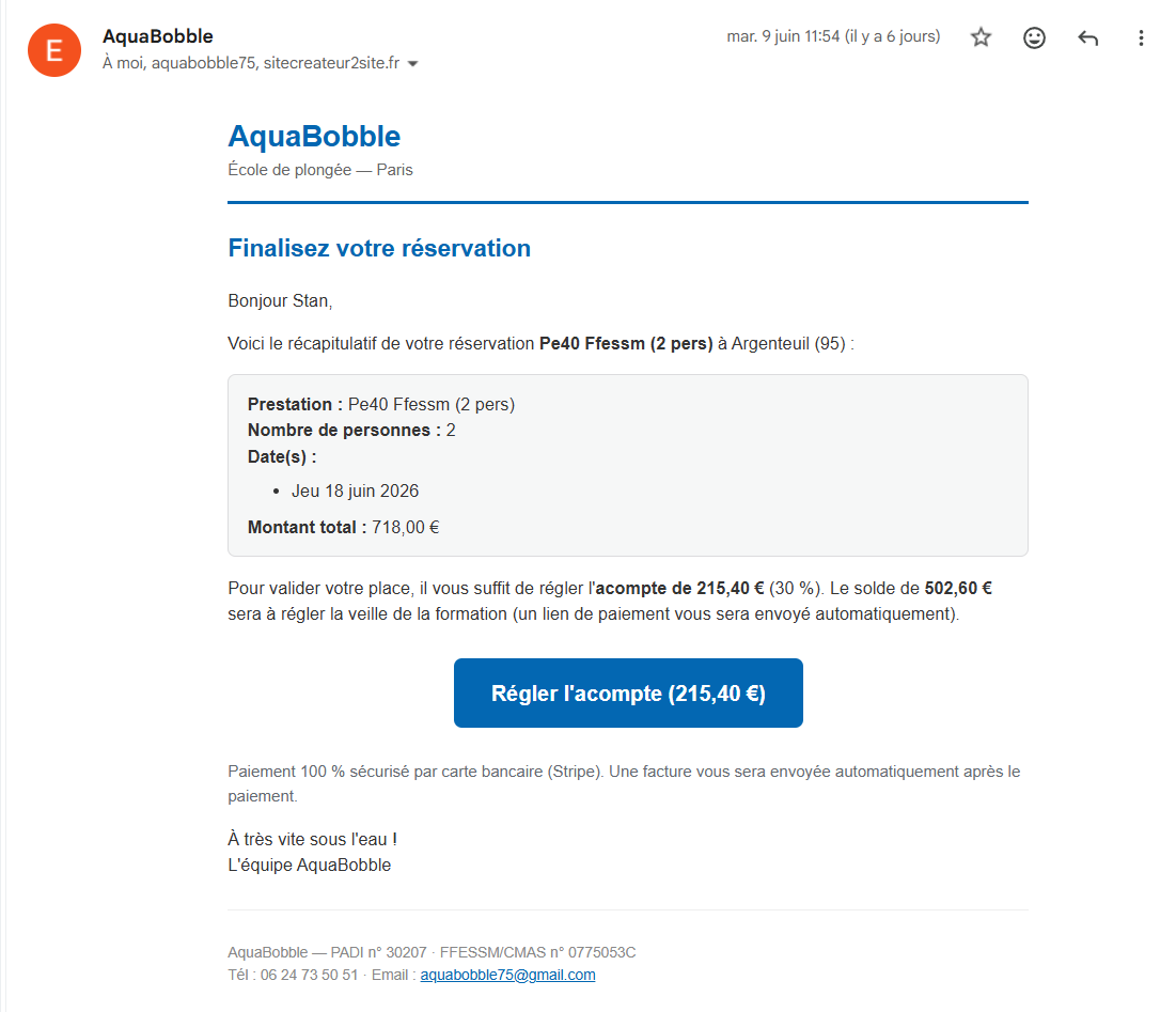 Aquabobble — E-mails transactionnels automatiques client et admin