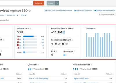 Vue de l'outil semrush keyword overview