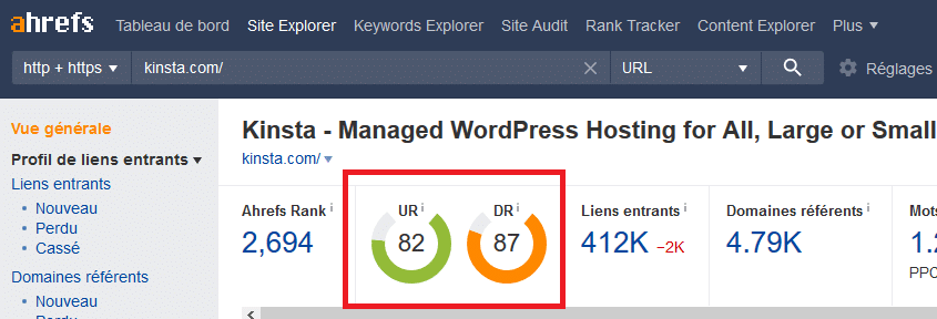 Vue de Ahrefs sur les métrics de santé d'un site pour vérifier si c'est bon d'y placer un backlink