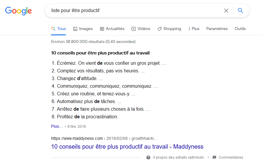 Exemple de rich snippets naturel sur Google