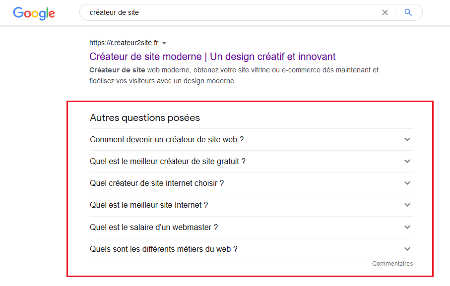 Vue d'une page Google montrant des extraits de vedette FAQ