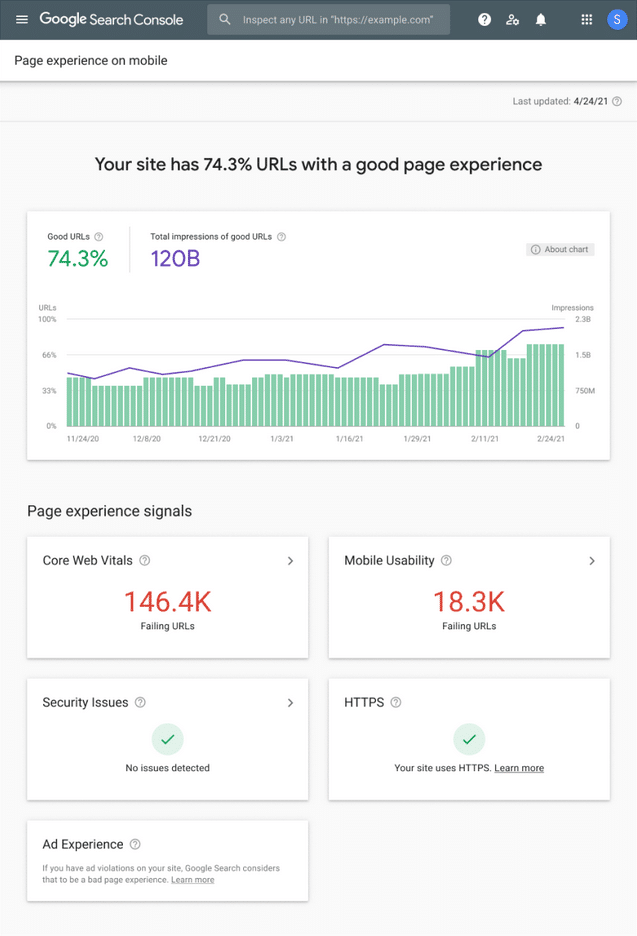 Vue de la Google Search Console sur l'expérience de page