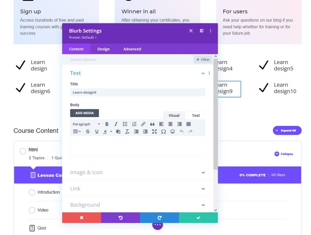 Exemple de création de page e-learning avec le thème Divi