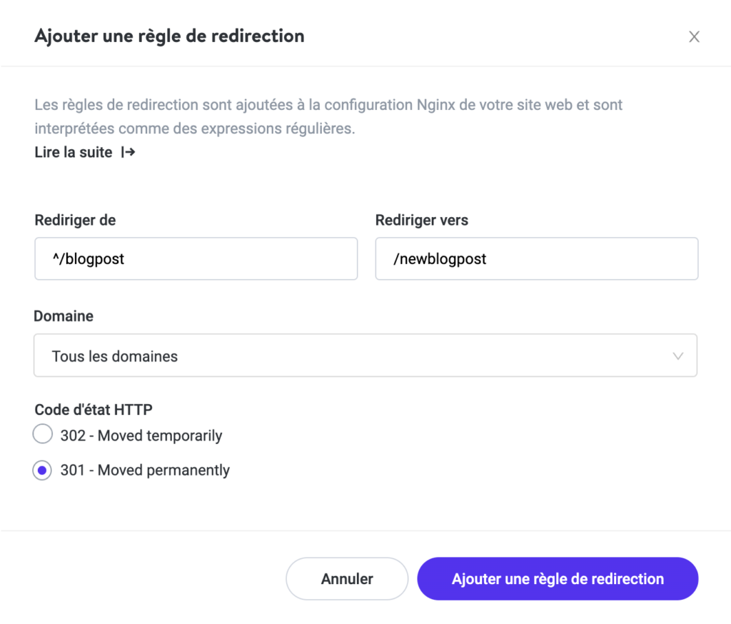 Vérifier RegEx lors de la création d'une 301 avec Kinsta