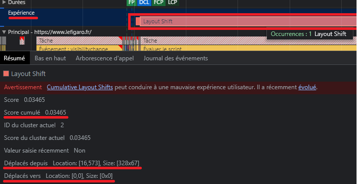 Vue des détails d'un layout shift précis sur Chrome