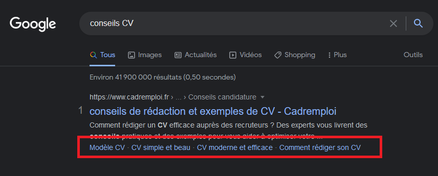 Exemple de sitelinks sur les résultats de recherche