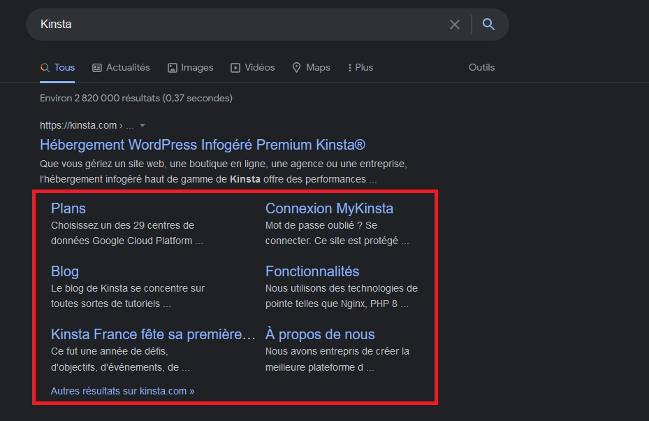 Exemple de sitelinks en recherche de marque sur Google