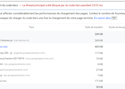 Vue du Total Blocking Time avec l'outil Google Page Speed (lighthouse)
