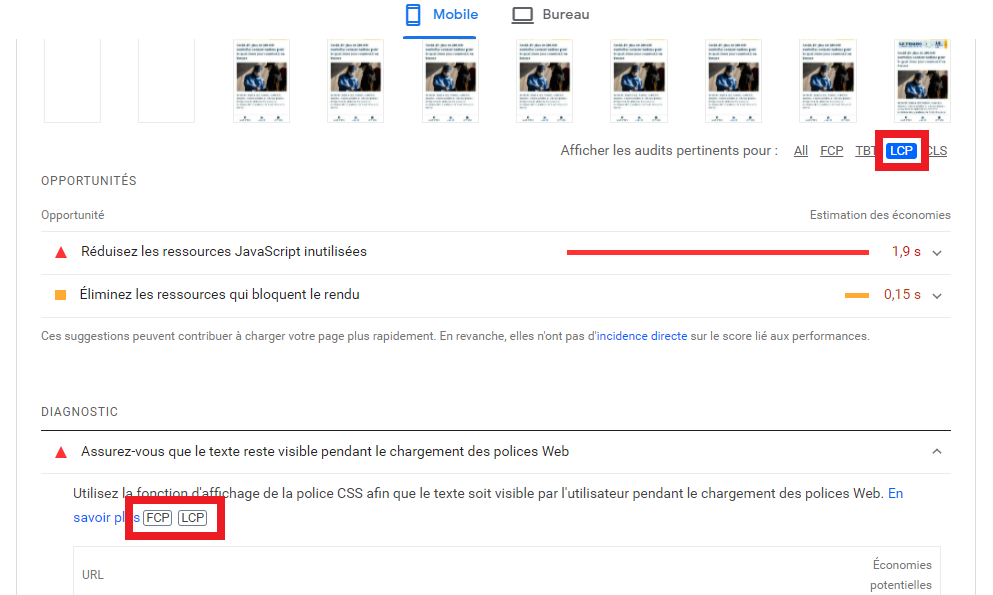 La métrique TTI n'est pas affiché sur GPSI, et la majorité des métriques regroupe les même optimisations