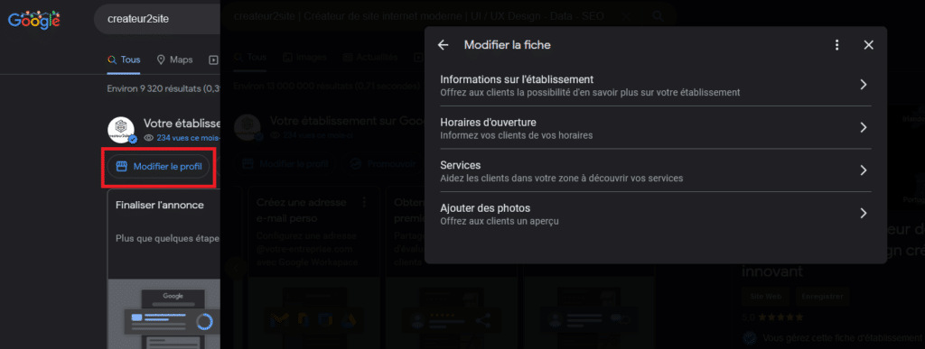 Modifier sa fiche Google Business Profile directement depuis les résultats de recherche Google