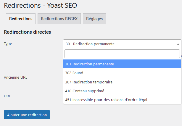 Choisir le type de redirection sur Yoast