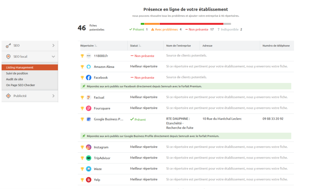 Listing management de semrush pour trouver des liens et citations NAP