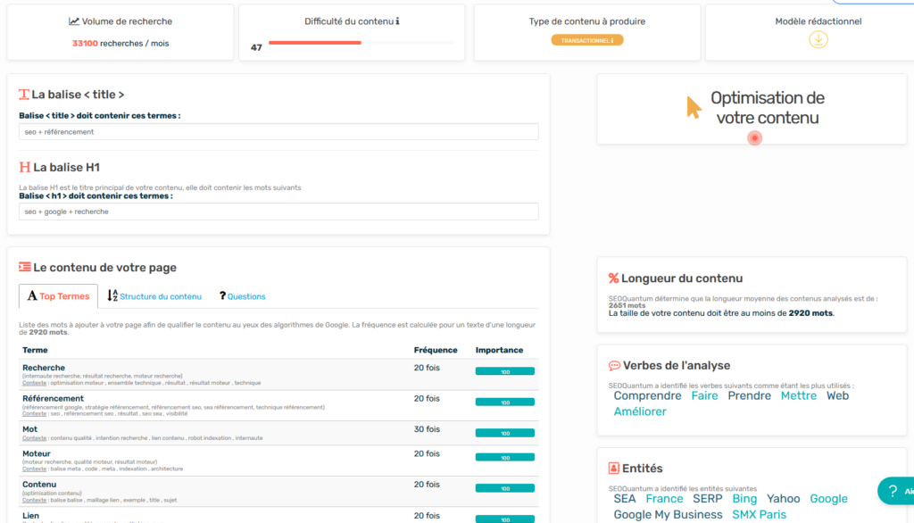 L'optimisation sémantique d'un contenu avec l'outil SEOQuantum