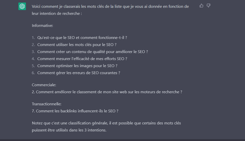 ChatGPT : Classer une liste de mots clés en fonction de leur intention de recherche