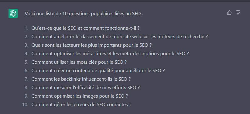 ChatGPT : Générer une liste de 10 questions populaires liées au SEO